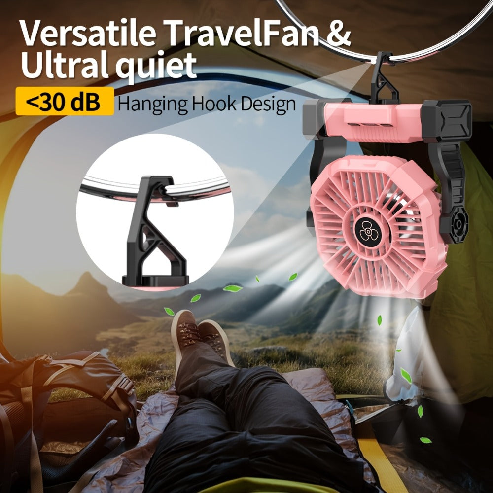 Camping Fan with LED Lantern 3-in-1 Rechargeable Portable Tent Fan with Hook Timer & Rotation for Car RV Barbecue Travel Outdoor