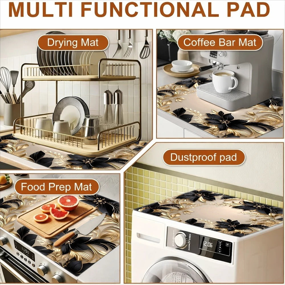 Gas Stove Protector Mat Luxury Black Gold Floral | Heat-Resistant Stain-Proof Cooktop Cover | Reusable for Induction Cooker, Glass Cooktop, Oven & Washer Dryer Top