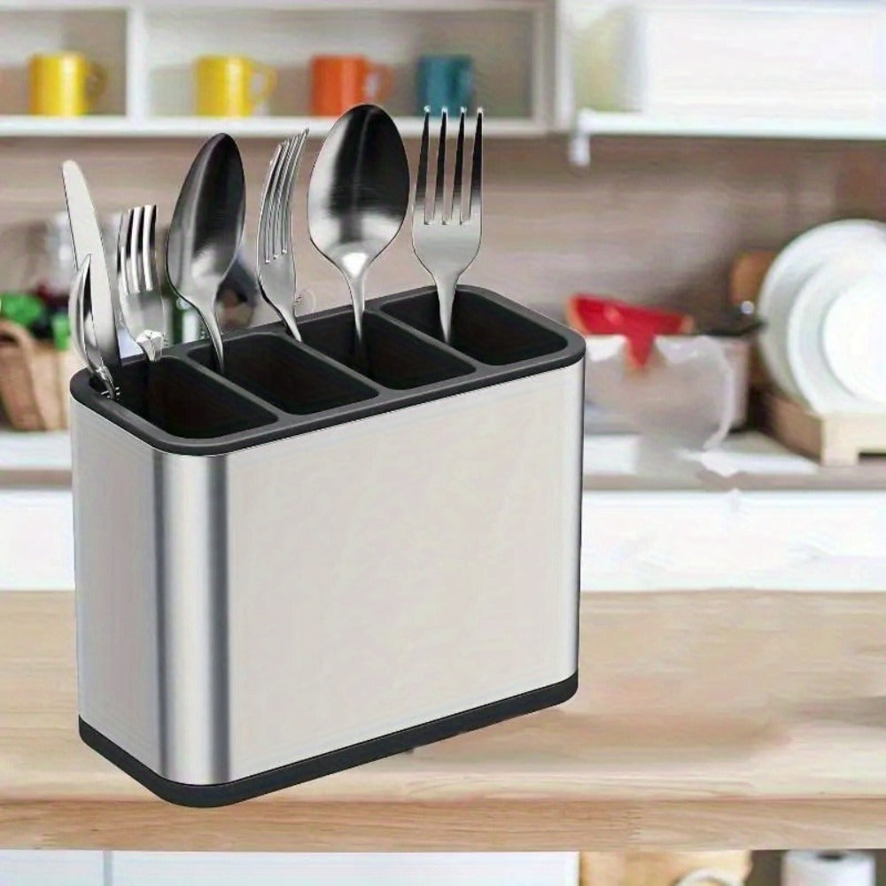 Utensil Holder Stainless Steel Cutlery Organizer 4-Compartment Countertop Caddy Anti-Slip Drain Holes for Kitchen Forks Knives Spoons Chopsticks