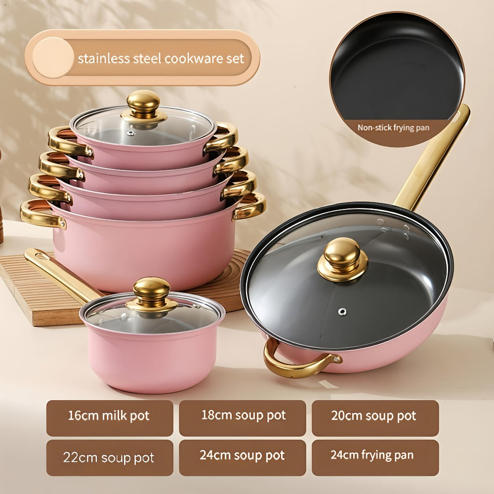 Stainless Steel Non-Stick Cookware Set 1 11 & 13 Piece ¨C Non-Toxic Dishwasher & Oven Safe Kitchen Cooking Set | Frying Boiling Stir-Fry Pots and Pans | Golden Silver Pink Orange Home & Catering
