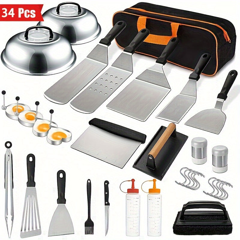 Griddle Accessories Kit 34 Piece Stainless Steel - Flat Top Grill Set with Enlarged Spatulas, Basting Cover, Scraper & BBQ Tools for Outdoor Blackstone Griddle Cooking, Barbecue Gift Set