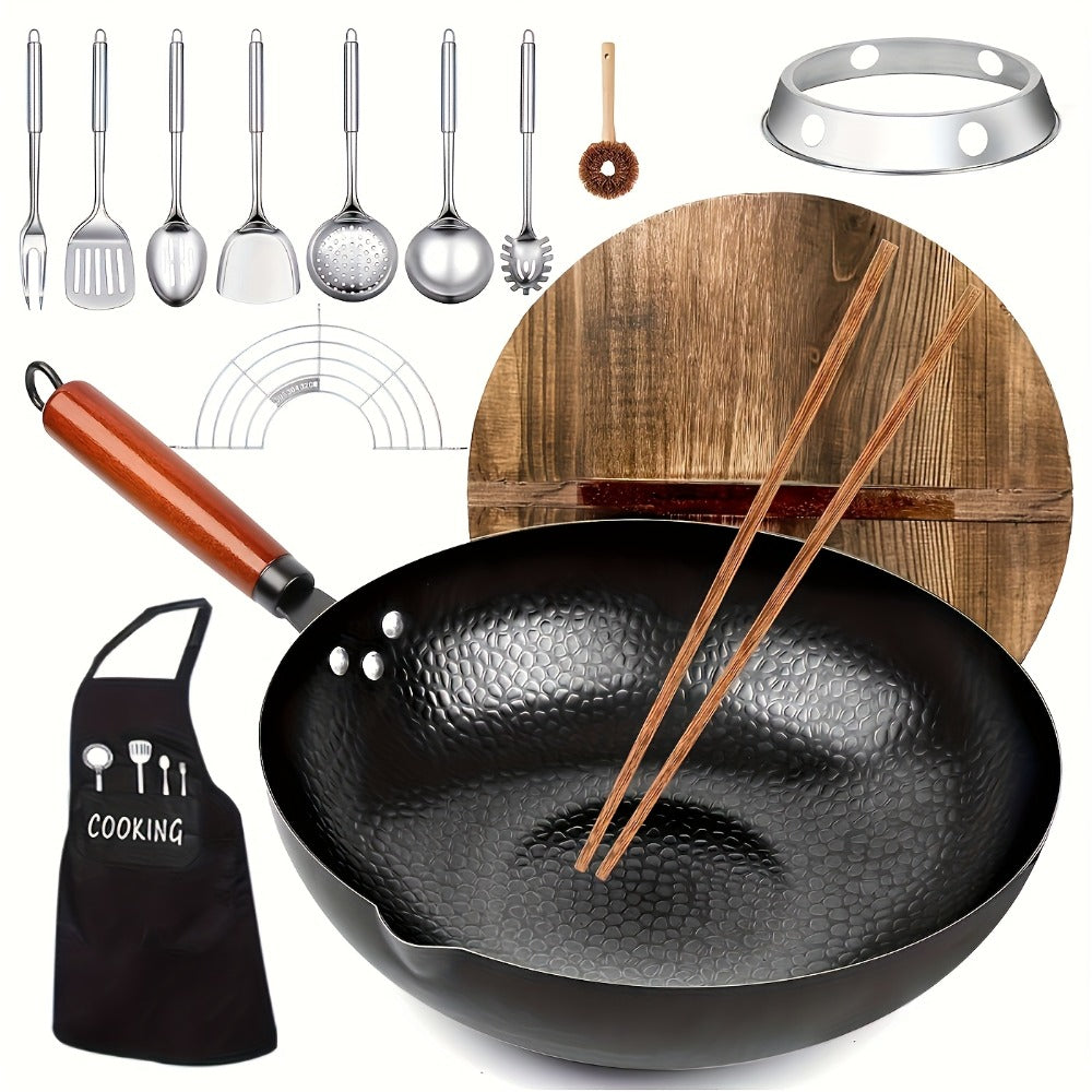 Cast Iron Wok Set 14 Piece 12.6 Inch Flat Bottom Stir Fry Pan with Lid Spatula Accessories - Natural Non-Stick Black Iron Wok for All Stoves Gas Electric Induction Honeycomb Design