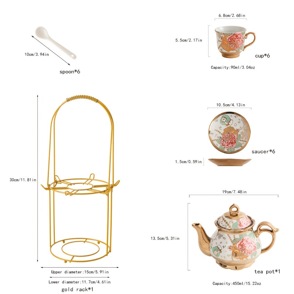 European Floral Ceramic Tea Set 20 Pcs ¨C Italian Style Afternoon Tea Set with Metal Stand ¨C Blooming Pattern Teapot & Cups ¨C Elegant Gift for Tea Lovers & Special Occasions ¨C Golden