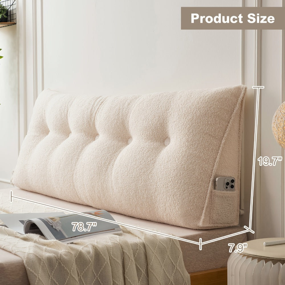 Bed Wedge Pillow Headboard Pillow with Side Pockets Removable Washable Cover Teddy Velvet Reading Pillow Twin Queen King