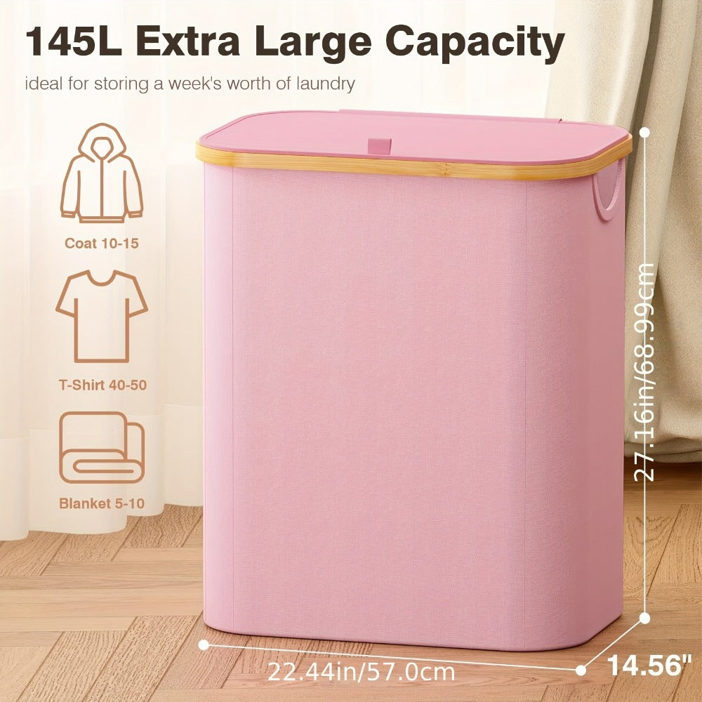 Laundry Hamper with Lid - 145L Extra Large 3-Section Fabric Sorter with Removable Washable Bags & Bamboo Handles, Pre-Sorting Labels, Pink Laundry Basket for Bedroom, Bathroom, Dorm & Home Organization