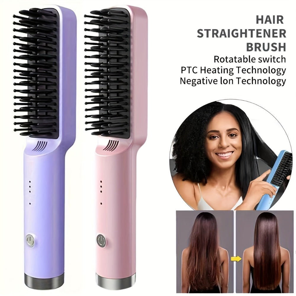 Mini Hair Straightener Comb Ceramic Heating Plate 3 Temperature Settings Fast Heating LED Display Travel Hair Straightening Brush for Women Home Salon Gift