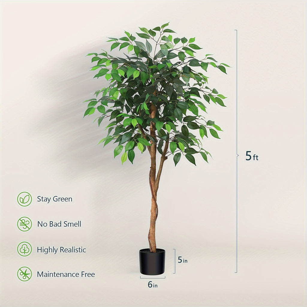Artificial Ficus Tree Tall Fake Potted Plant Natural Wood Trunk Lifelike Silk Leaves 4FT 5FT 6FT 7FT Indoor Outdoor Living Room Bedroom Office Home Decor No Maintenance