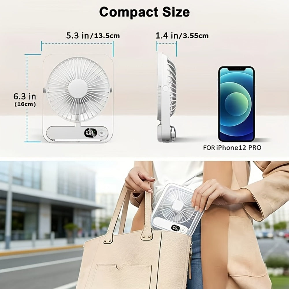 Portable USB Desktop Fan 3000mAh Battery, Ultra-Quiet 5-Speed Foldable Fan with 180¡ã Adjustable Tilt and Digital Power Display, Small Personal Cooling Fan for Home, Office and Travel