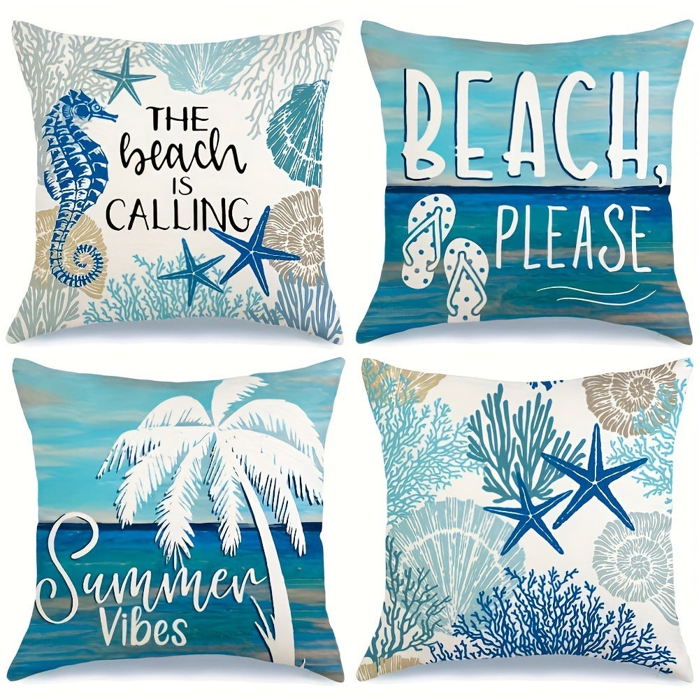 4pcs Ocean Beach Coastal Throw Pillow Covers 18x18in - Marine Life Shells Starfish Seahorse Turtle Decorative Pillowcase Set with Zipper Machine Washable for Summer Home Decor