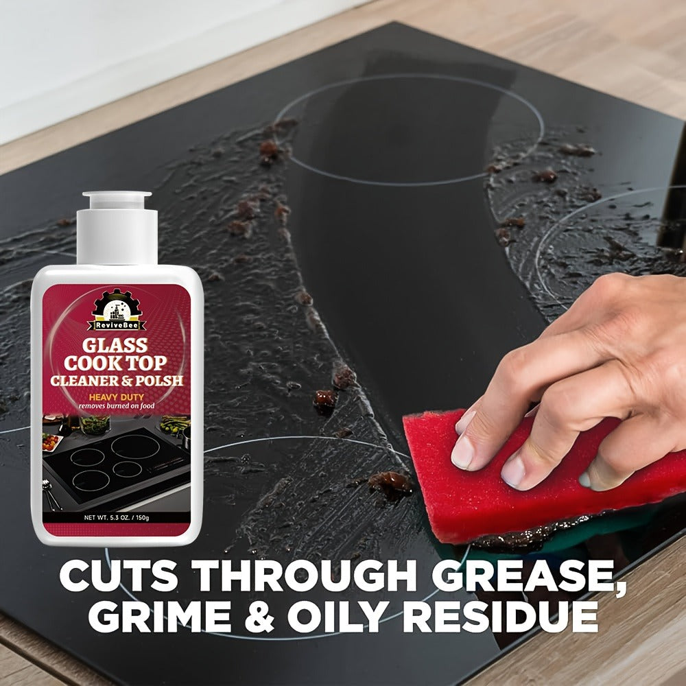 Glass Stovetop Cleaning Paste ¨C Heavy Duty Cooktop Cleaner Cream, Removes Burnt-On Grease, Oil Stains & Food Residue from Stove Tops, Burners & Glass Surfaces, Non-Scratch Easy Scrub Formula