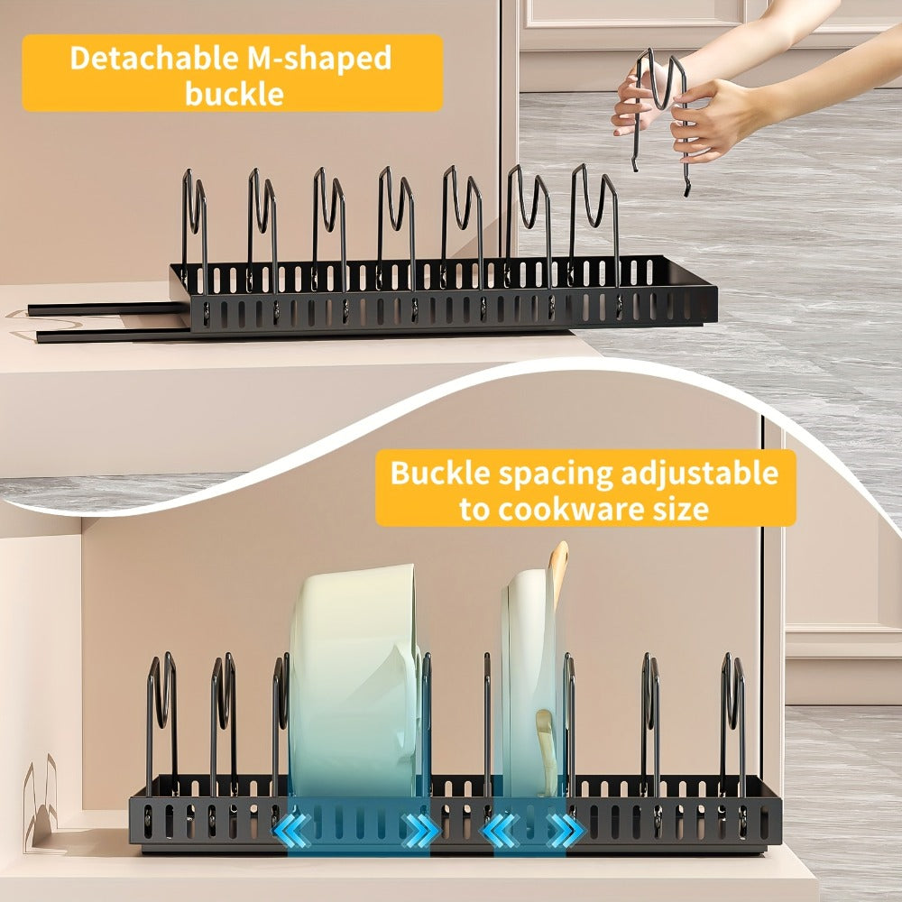 Pull Out Pot and Pan Organizer for Cabinet - Sliding Lid Rack with 8 Adjustable Dividers for Kitchen Cabinet Storage, Drill-Free Installation Pan Holder for Lids Baking Sheets and Cookware, Available in 1 or 2 Pack in Black or White
