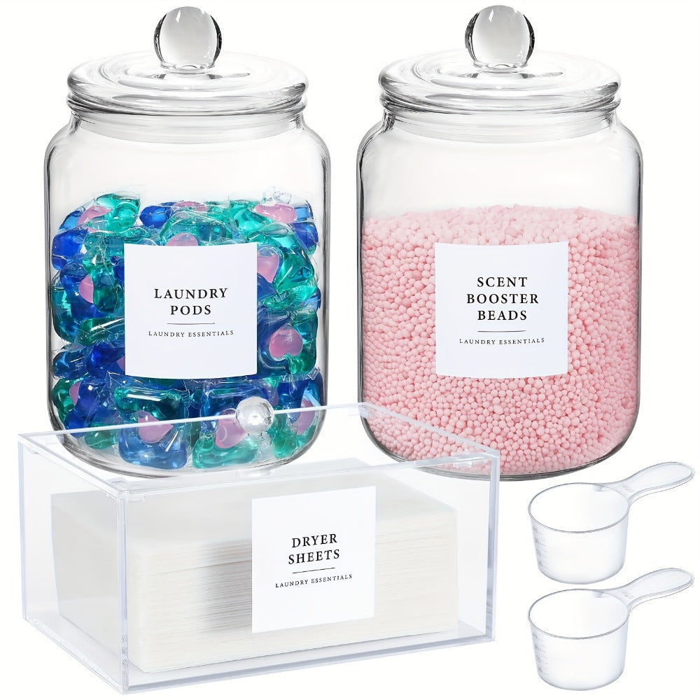 Airtight Glass Jars with Lids Labels and Spoons Half Gallon Storage Canisters for Laundry Detergent Pods Scent Booster Beads Kitchen Pantry Organization Food Safe Wide Mouth 1 2 3 4 Pack