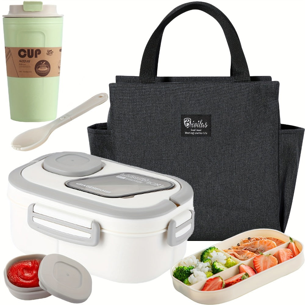 2-Layer Bento Lunch Box Set with Cup and Meal Bag - Multi-Grid Lunch Box for School, Office & Outdoor Picnics, Food Storage Container with Milk Cup, Salad Cup, Coffee Cup or Soup Bowl, Pink Blue Green White