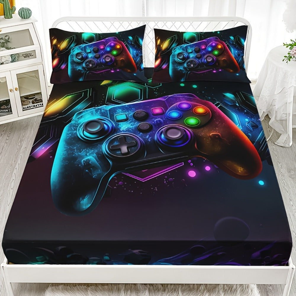 Gaming Bed Sheet Set 3pcs Fitted Sheet + 2 Pillowcases Gamepad Bedding Deep Pocket Machine Washable Boys Girls Dorm Room Decor Gift for Gamers (No Filling)