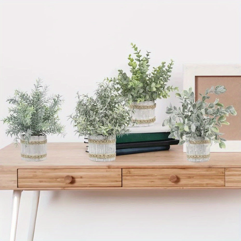 Mini Artificial Potted Plants 4 Pack ¨C Realistic Fake Greenery in White Pots for Home, Office & Party Decor | No Watering Needed Low-Maintenance Indoor Outdoor Faux Plant Set | Housewarming Gift