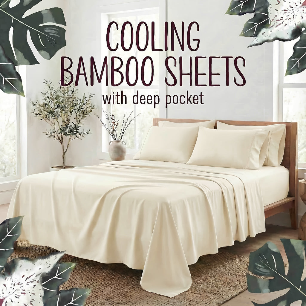 Bamboo Fiber Bed Sheet Set 4-Piece ¨C Cooling Sheets, Hypoallergenic, Deep Pocket Fitted Sheet, Wrinkle-Free Bedding for All Seasons, Twin Full Queen King