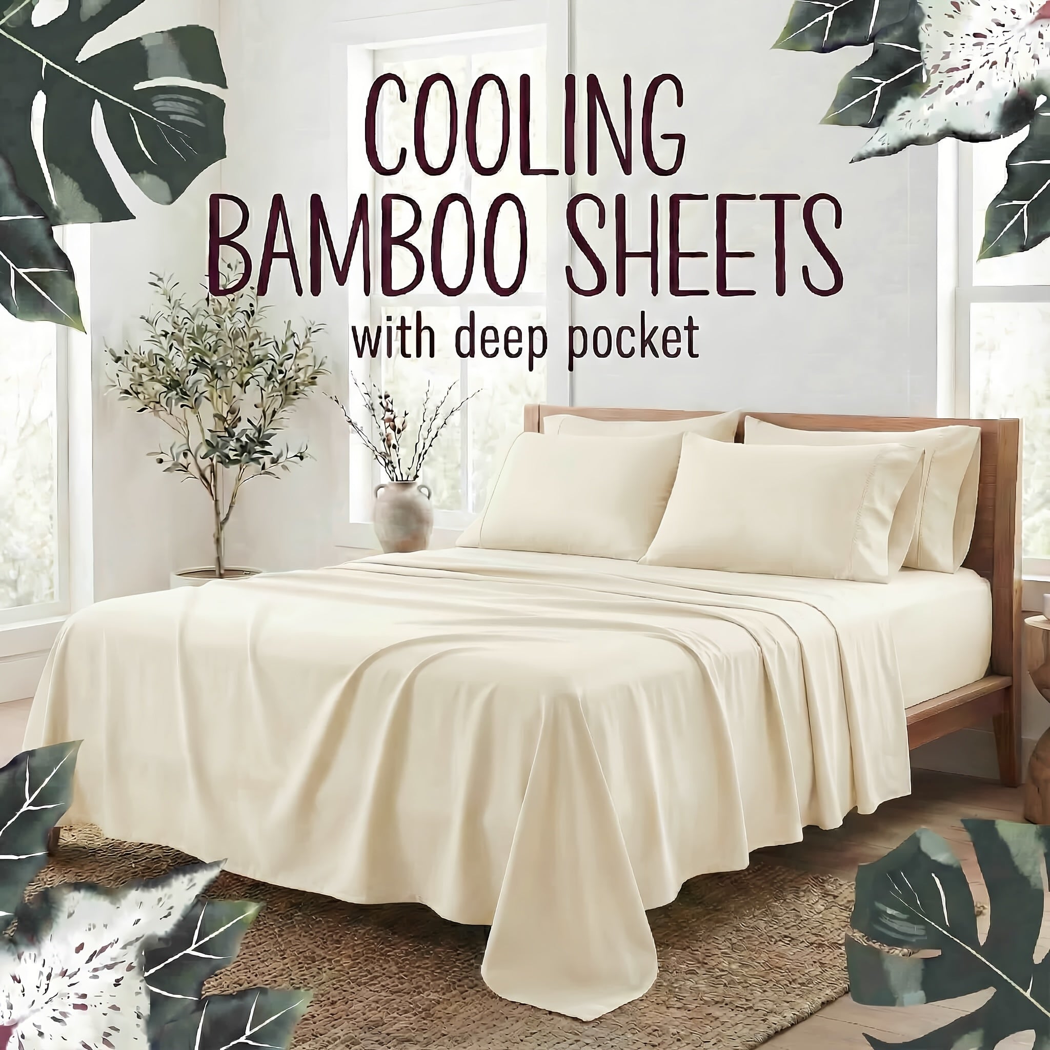 Bamboo Fiber Bed Sheet Set 4-Piece ¨C Cooling Sheets, Hypoallergenic, Deep Pocket Fitted Sheet, Wrinkle-Free Bedding for All Seasons, Twin Full Queen King