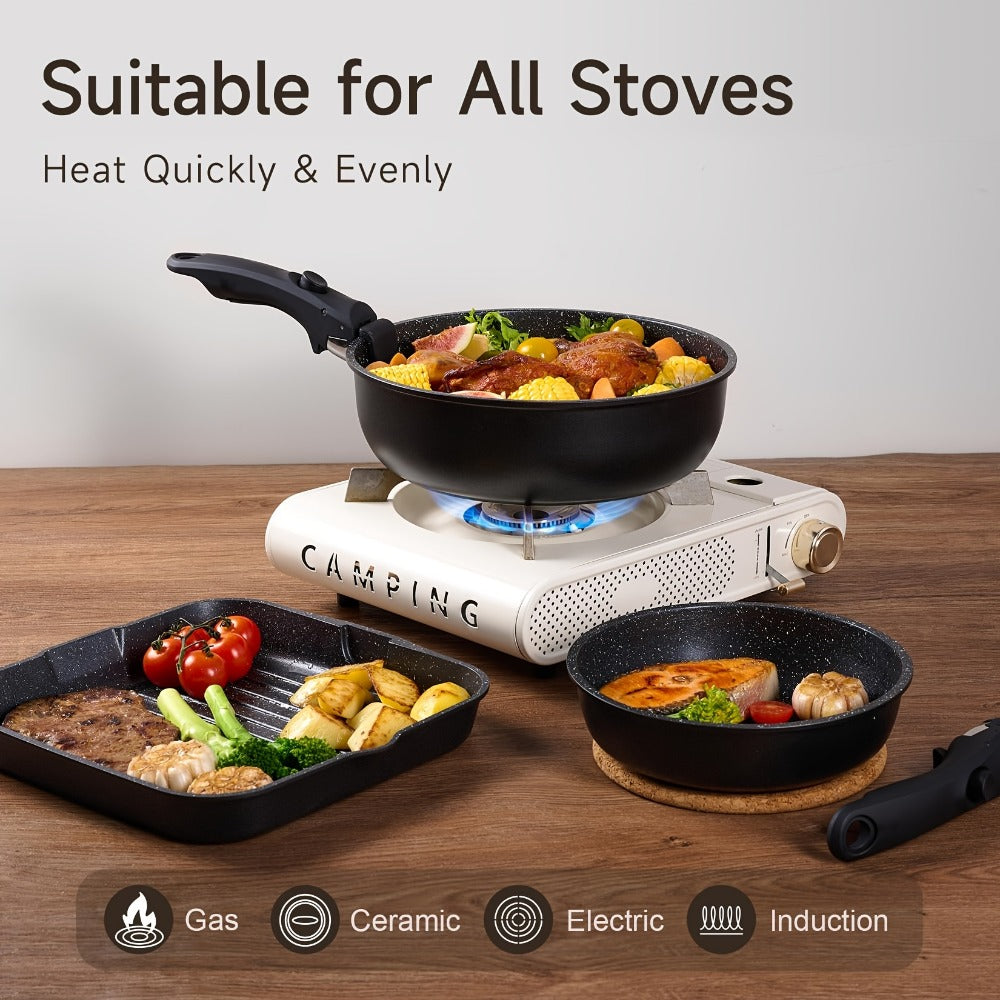 Detachable Handle Cookware Set 16 & 26 Piece Non-Stick PFOA-Free ¨C Stackable Space-Saving Pots and Pans | Oven Safe 480¡ãF Induction Compatible | RV Camping Kitchen Cooking Set in Black & Beige