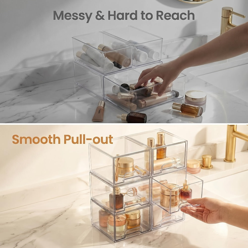 Clear Stackable Storage Drawers 8 Pack ¨C Acrylic Bathroom Organizer Bins with Pull-Out Handle, BPA-Free Plastic Makeup Storage for Vanity, Kitchen, Pantry, Home Organization