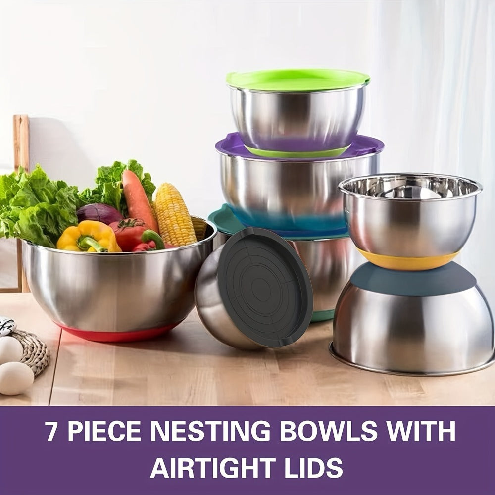 Stainless Steel Mixing Bowls with Airtight Lids 20-Piece Set ¨C Non-Slip Silicone Bottom, Nesting Bowls in 7 Sizes (0.67¨C7 QT) for Mixing, Baking & Serving ¨C Kitchen Bowl Set with Lids