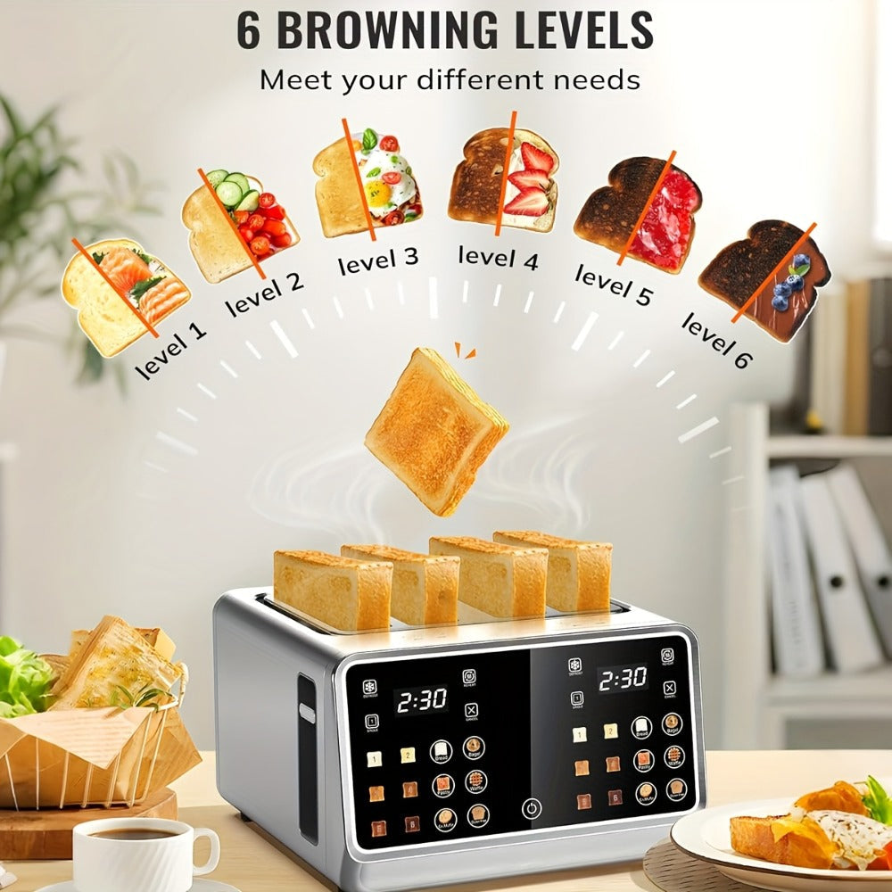 4-Slice Digital Smart Toaster with Touchscreen | Dual Control Panel, Single Slot Toasting, Timer, Reheat & Defrost Functions for Bagels, Bread & Waffles ¨C Stainless Steel Kitchen Essential