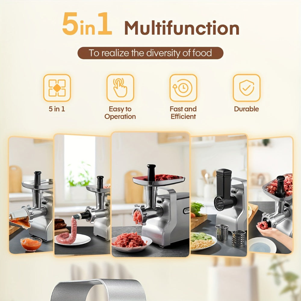 Electric Meat Grinder 5-in-1 with Sausage Stuffer Vegetable Slicer Tomato Juicer Kubbe Kit 3 Grinding Plates 3 Speed Settings 4.5 lbs per Min