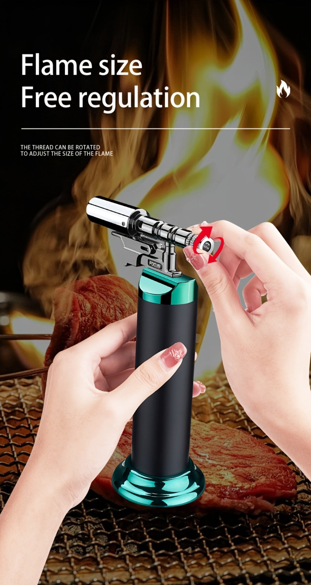 Refillable Torch Lighter Windproof, Adjustable Flame Culinary Kitchen Torch for Creme Brulee Searing BBQ Camping, Butane Refillable Direct Flame Torch Gun, Gas Not Included, Multiple Colors