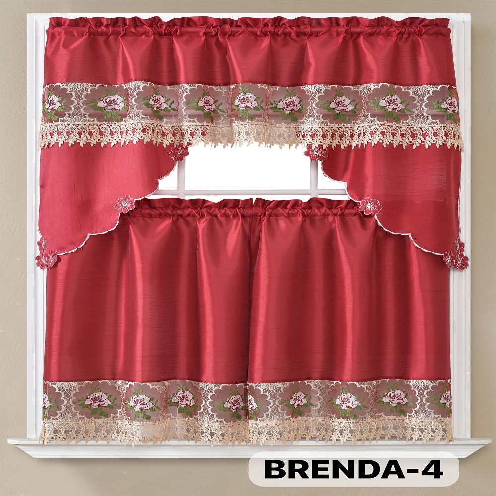 Kitchen Curtains 3 Piece Set Embroidered Satin Valance and Tiers - Rod Pocket Light Filtering Machine Washable 46 Colors Available All Season Home Decor