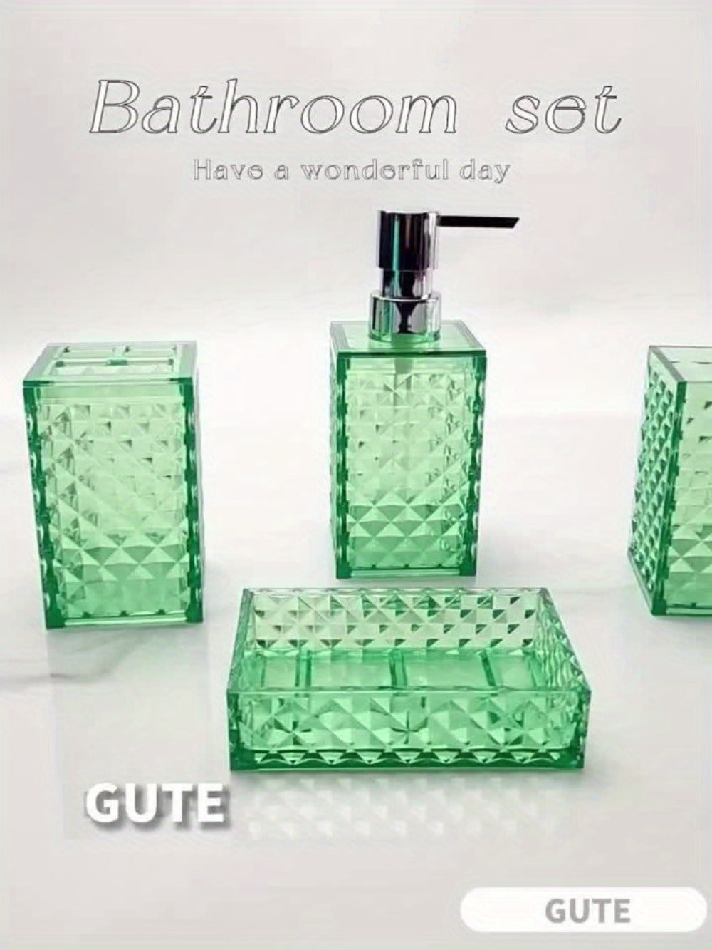 Bathroom Accessories Set 4-Piece Diamond Grid Plastic Organizer Soap Dispenser Toothbrush Holder Grey Blue Green