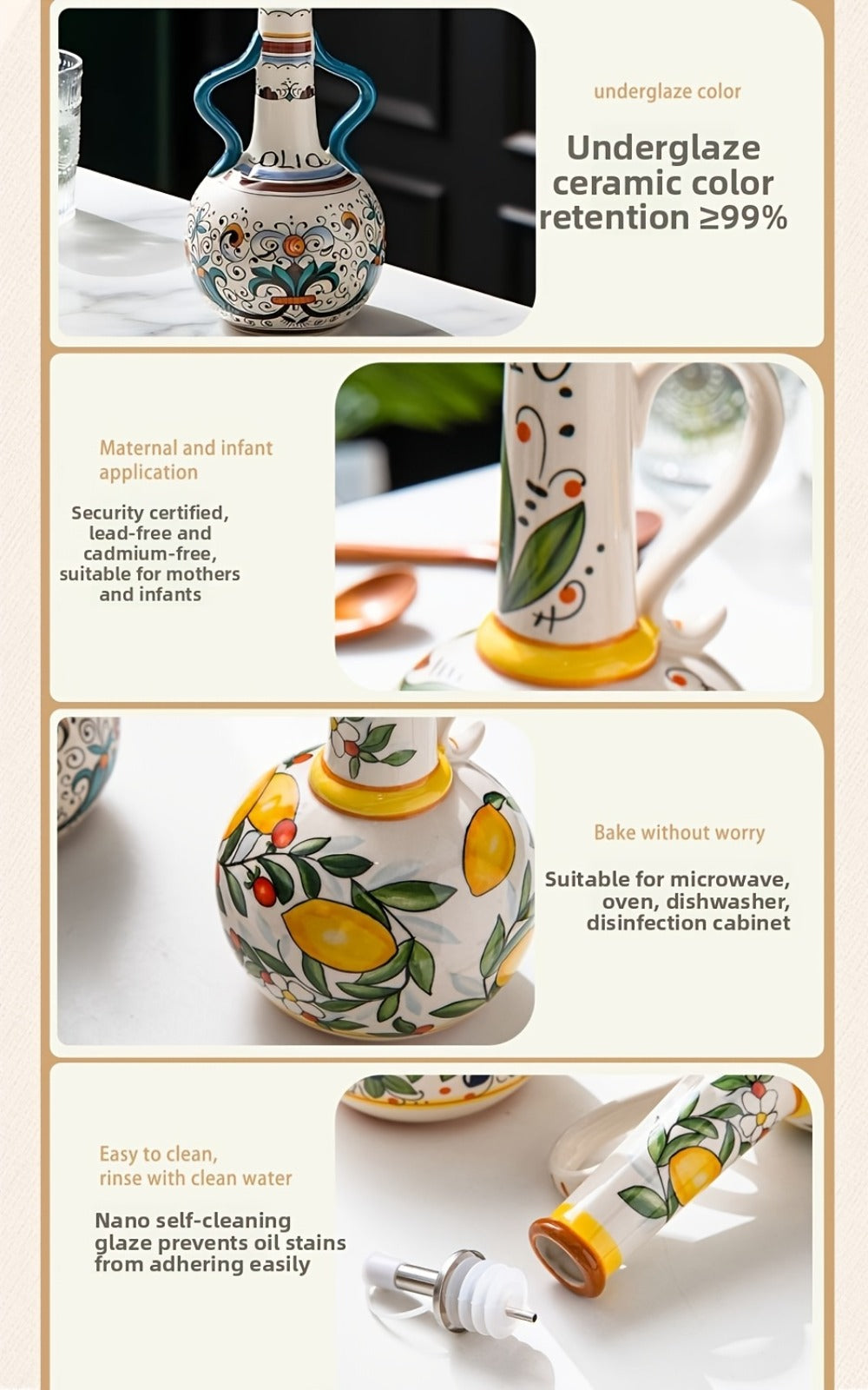 Ceramic Oil and Vinegar Dispenser Set Hand-Painted Underglaze Anti-Drip Leak-Proof Kitchen Oil Bottle with Oil Spout and Foot Pad Olive Green Lemon Yellow