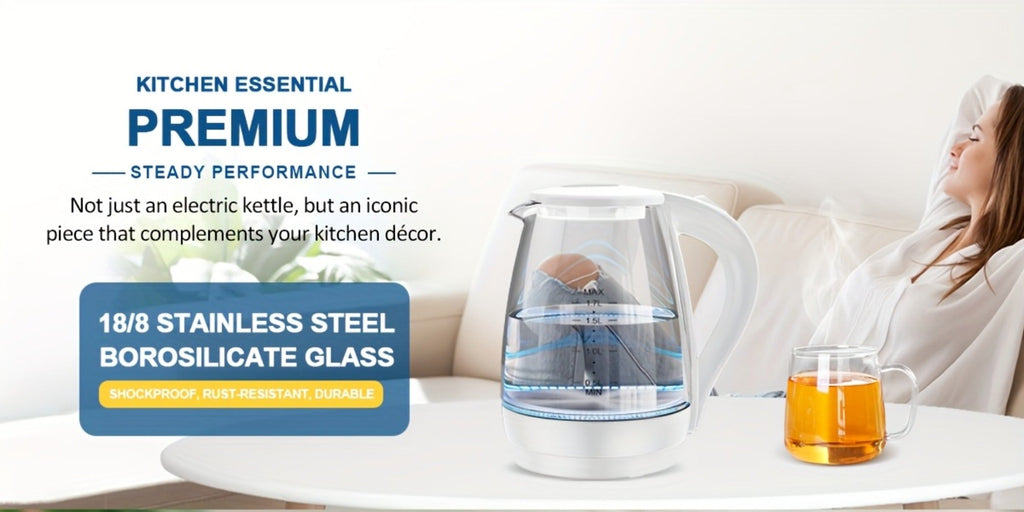 Glass Electric Kettle 1200W Fast Boiling ¨C 57.48oz Tea Kettle with LED Indicator, Auto Shut-Off & Boil-Dry Protection, Elegant Transparent Design for Kitchen, Office & Camping