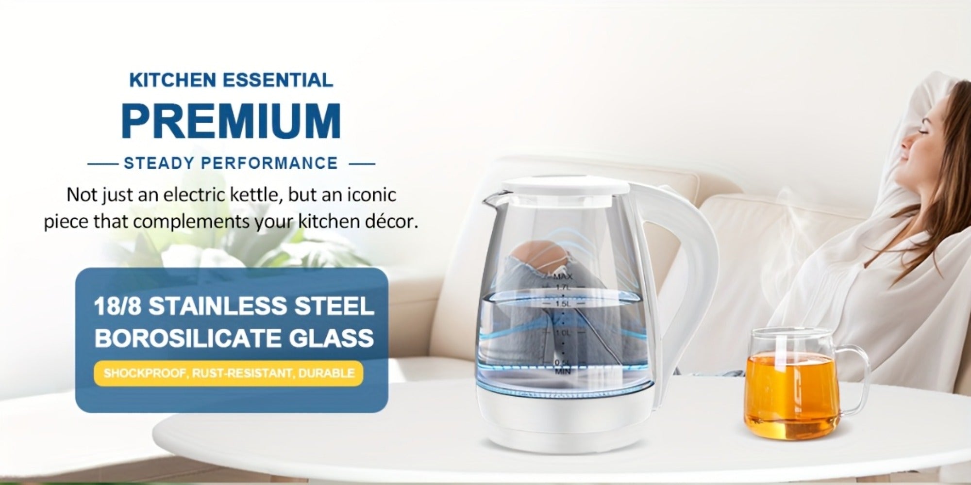 Glass Electric Kettle 1200W Fast Boiling ¨C 57.48oz Tea Kettle with LED Indicator, Auto Shut-Off & Boil-Dry Protection, Elegant Transparent Design for Kitchen, Office & Camping