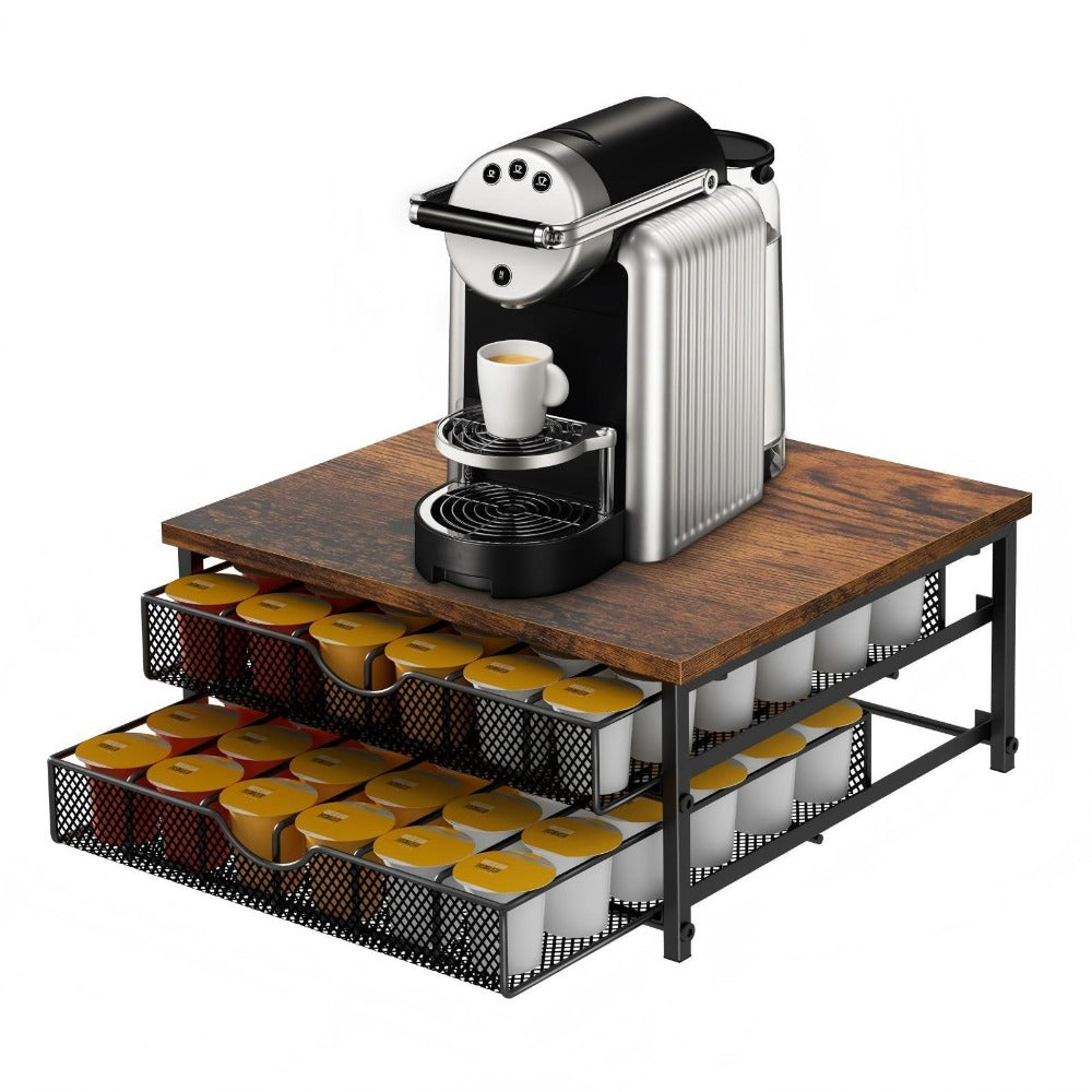 K-Cup Coffee Pod Holder 72 Capacity ¨C 2-Tier Sliding Drawer Coffee Pod Organizer with Wood Top & Metal Frame, Non-Slip Base, Stackable Countertop Storage for Home, Office & Cafe ¨C Silver