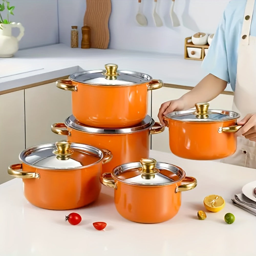 Stainless Steel Non-Stick Cookware Set 10/12pcs, 316 Grade Steel Frying Pan, Stockpot & Milk Pot with Lid, Multi-Functional Kitchen Cooking Set in Gold, Pink & Orange