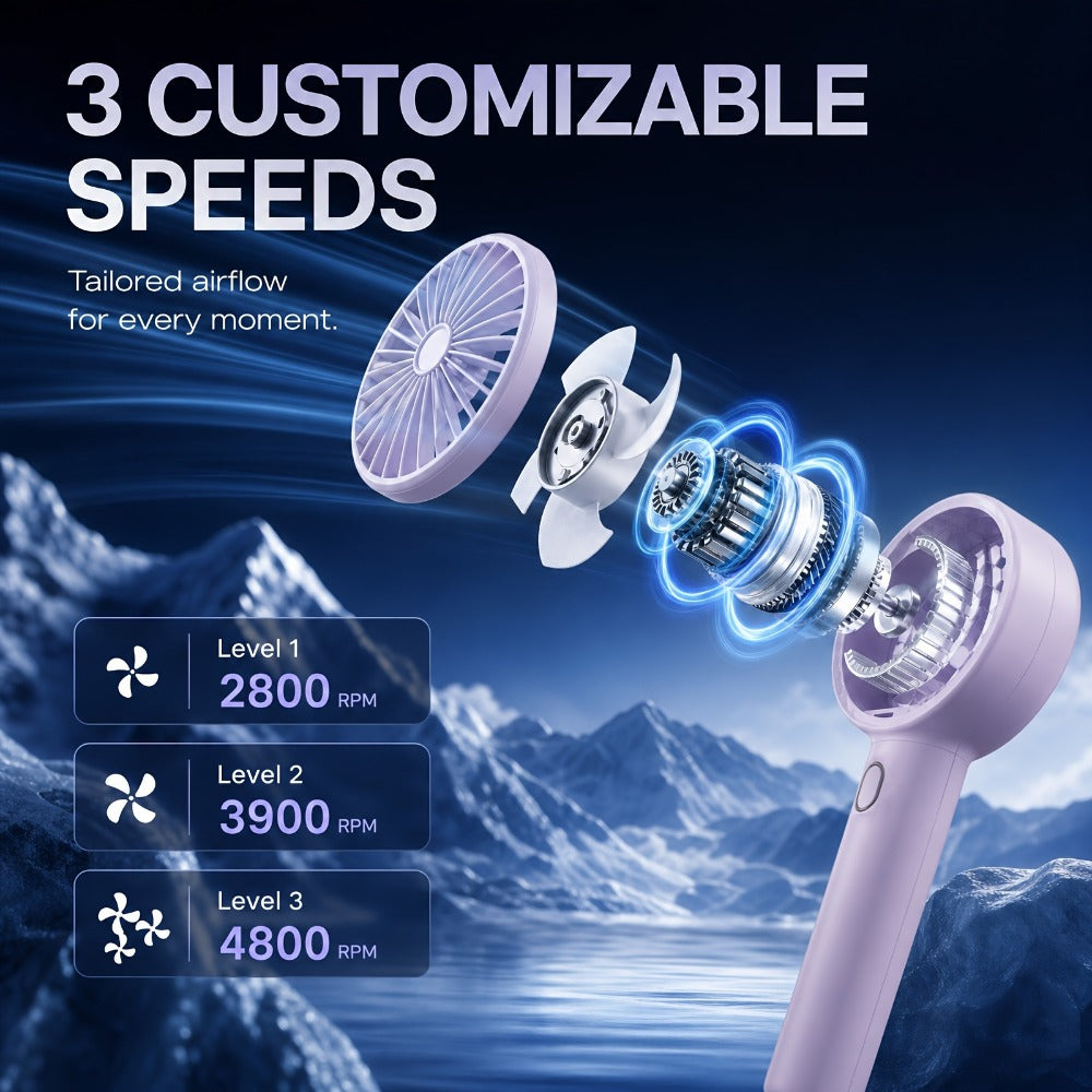Portable Handheld Fan 16-Hour Battery Life | Air Turbo Tech 3-Speed USB Rechargeable Personal Cooling Fan for Outdoor Activities, Travel & Work ¨C Upgraded Purple, White & Mini Light Blue