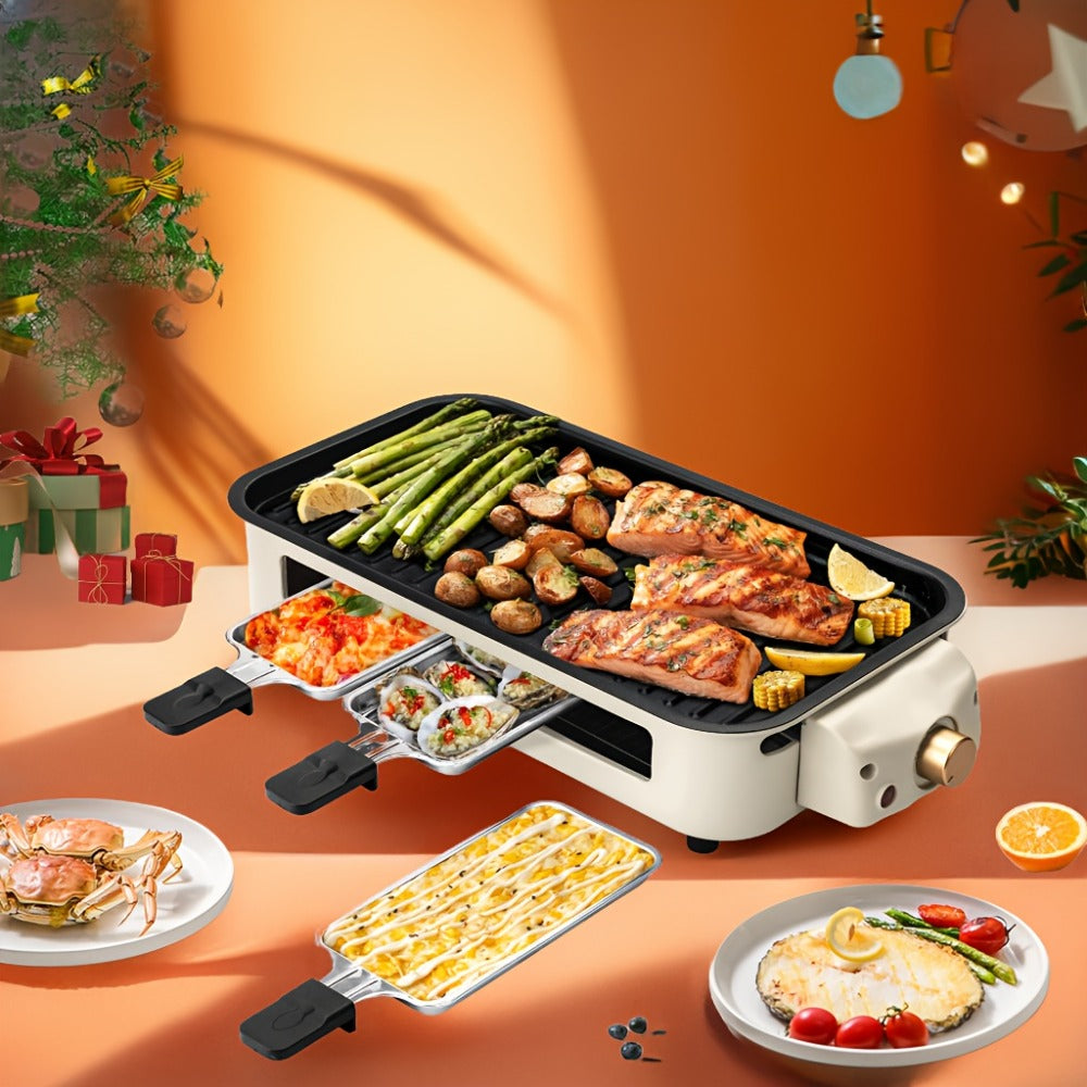 Indoor Electric Smokeless Grill 1500W ¨C Raclette Table Grill with 3 Mini Pans, 16x9¡± Non-Stick Detachable Plate, Dishwasher Safe, Portable for Home Kitchen