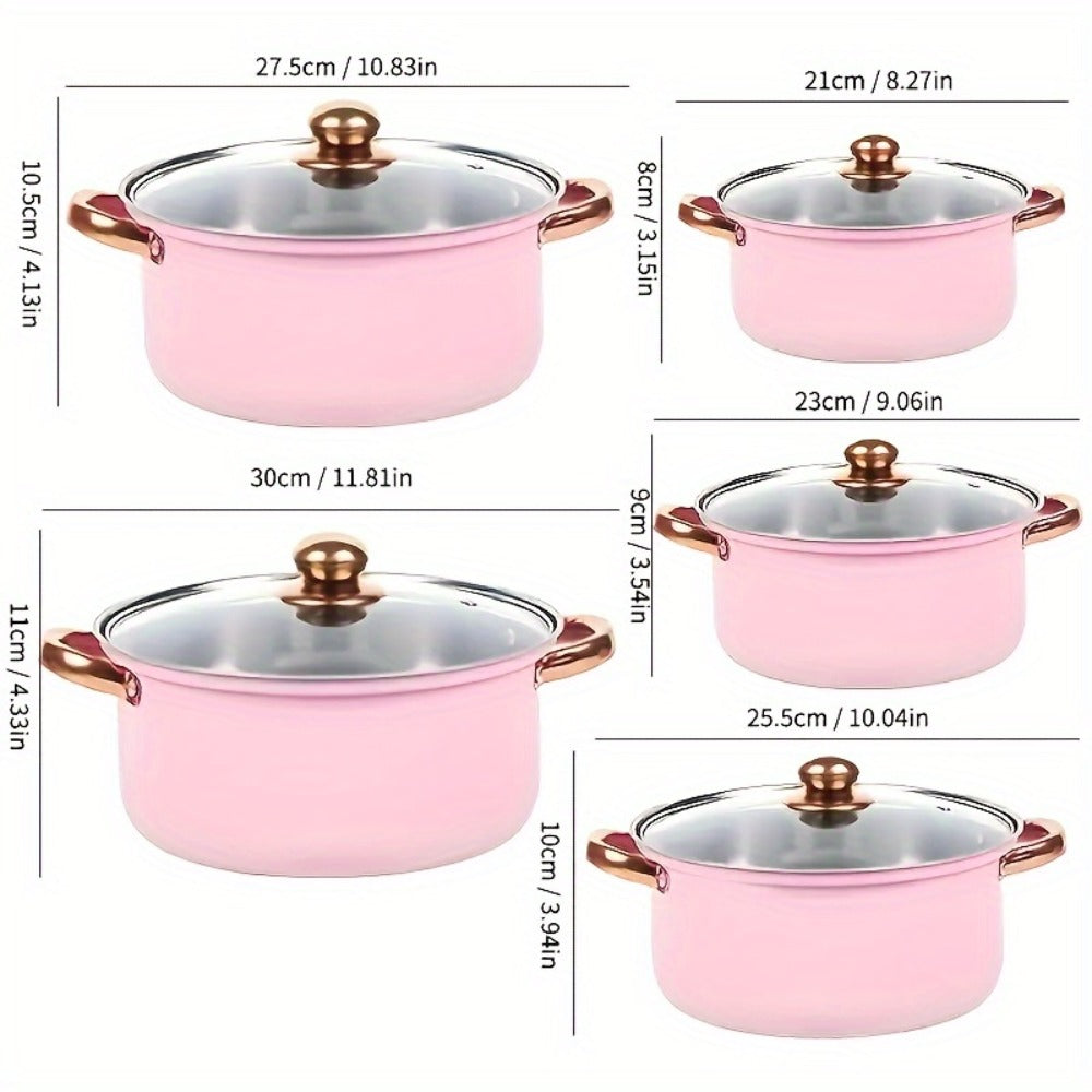 304 Stainless Steel Cookware Set with Golden Handles, 1/10/15pcs Deep Thick Soup Pot & Pan Set for Induction & Gas Stoves, Outdoor Camping & Kitchen Cooking, Pink, Silver & Orange