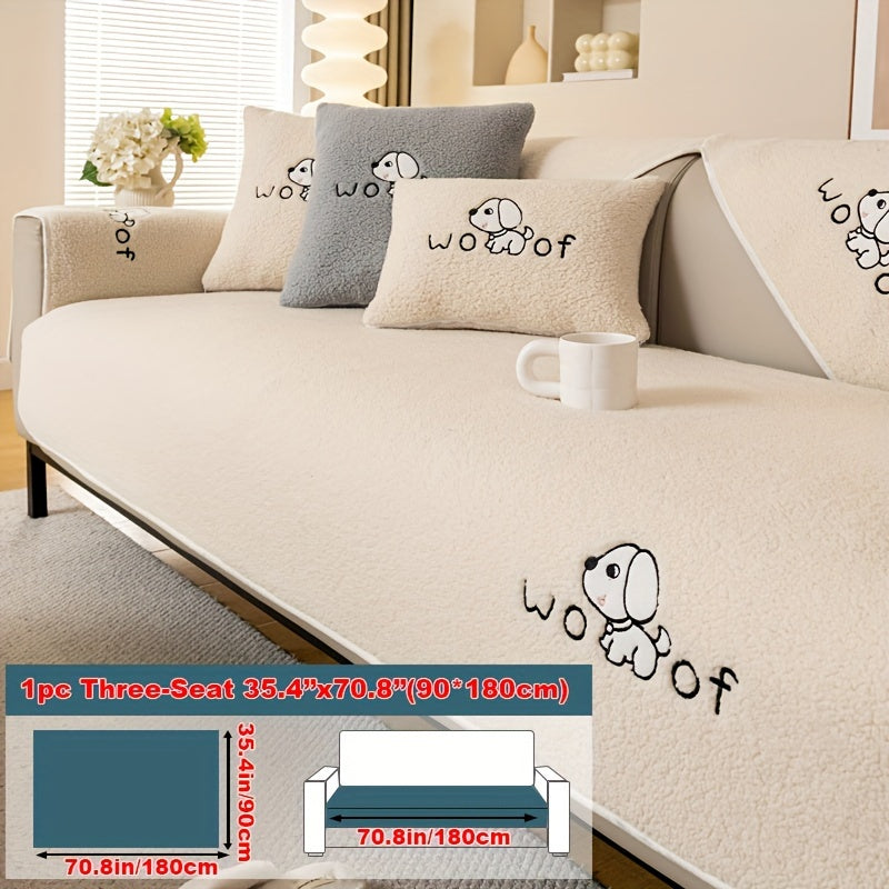 Sherpa Plush Sofa Cover Non-Slip | Thick Fleece Couch Protector, Pet Friendly Furniture Shield, 1 to 4 Seat, Armrest Backrest Pillowcase, Deep Gray Light Gray Coffee Off White