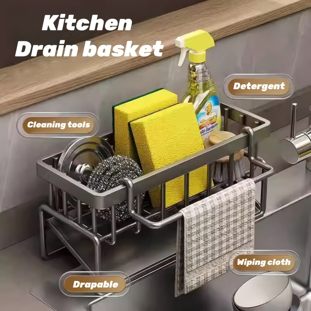 Kitchen Sink Organizer Sponge Holder with Self-Draining Tray Removable Rag Rod Carbon Steel Countertop Storage Rack for Sponges Brushes Soap Bathroom