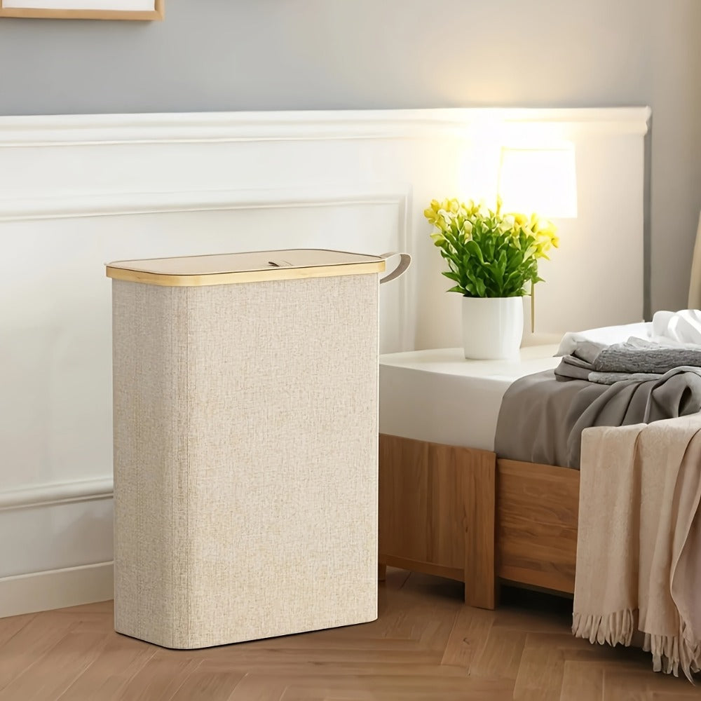 Slim Laundry Hamper with Lid & Removable Bag ¨C Foldable Narrow Clothes Basket with Bamboo Handles for Bathroom, Bedroom & Dorm ¨C 50L / 65L / 75L Space-Saving Collapsible Laundry Bin
