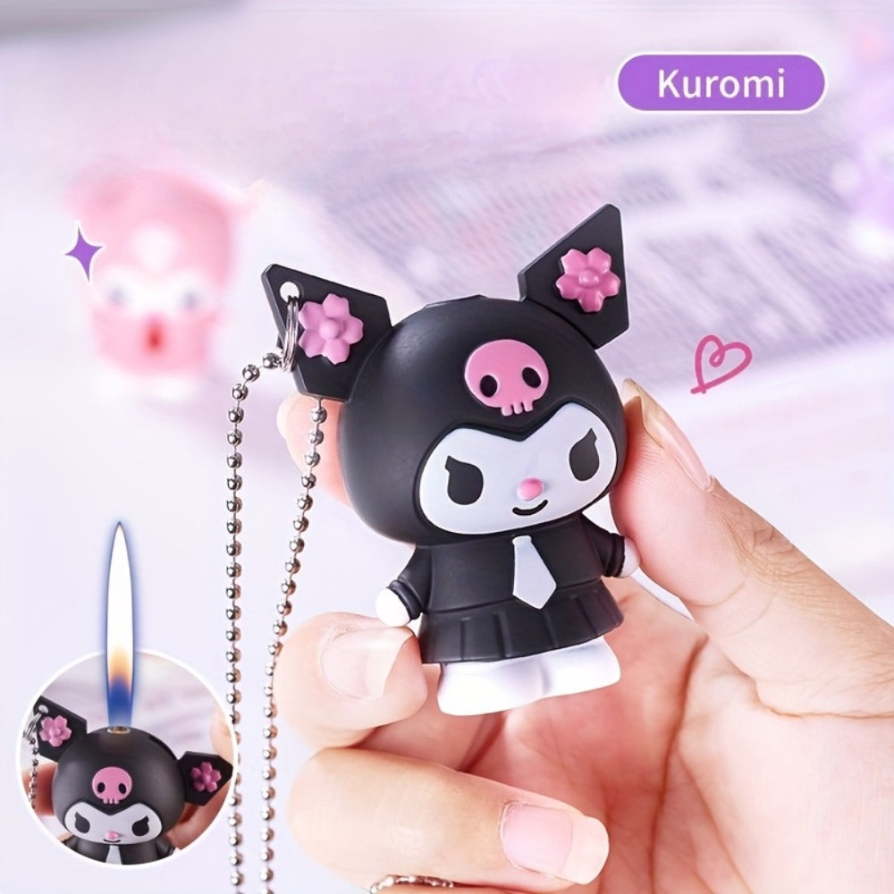 3D Kawaii Anime Figure Lighter with Chain, Cute Kuromi Sanrio Cartoon Open Flame Butane Lighter, Unique Kawaii Gift for Anime Fans, Available in 3 Colors ¨C Black, Purple & Pink (No Butane Included)