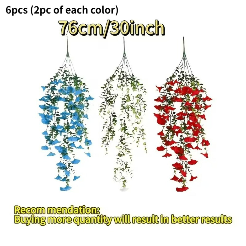 Artificial Hanging Morning Glory Flowers 6pcs - Red White Blue Fake Flower Vines for Home Garden Outdoor Indoor Decor, Independence Day Memorial Day Decoration, No Maintenance Plastic Blooms