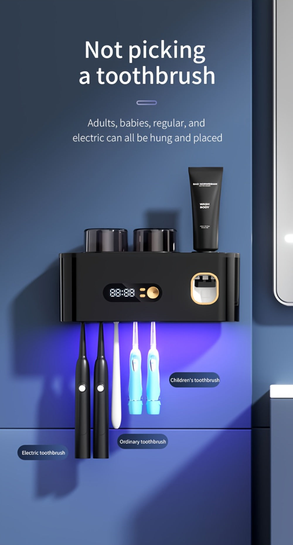 Toothbrush Holder with UV Sterilizer & Automatic Toothpaste Dispenser ¨C 5-Slot Smart Bathroom Organizer with 2 Cups, USB Rechargeable, Clock Display, Durable Plastic Wall Mount for Family Oral Care