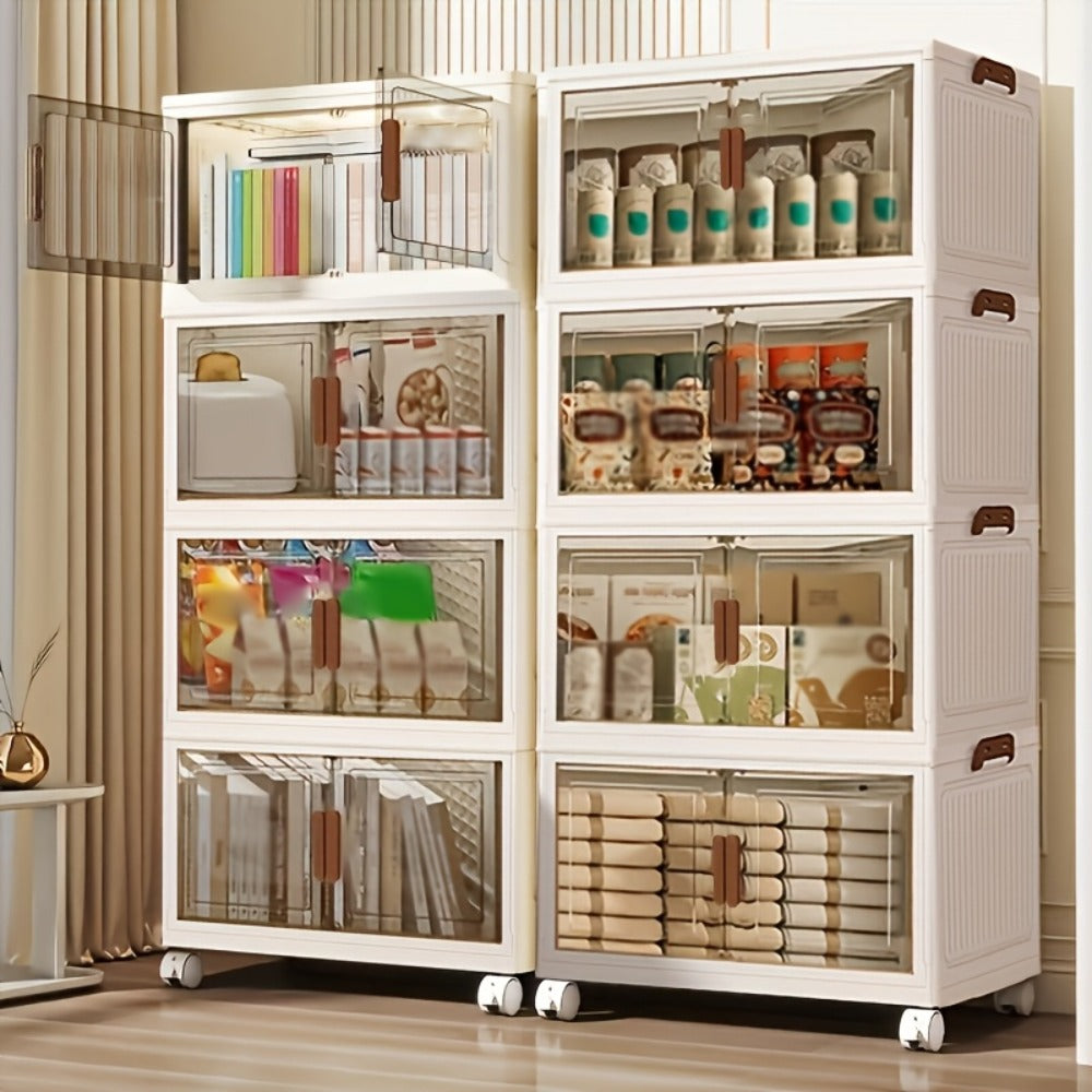 Stackable Storage Cabinet with Doors and Wheels | Collapsible Plastic Locker 1-5 Layers Large Capacity Home Organization for Bedroom Living Room Kitchen Easy Assembly Space Saving