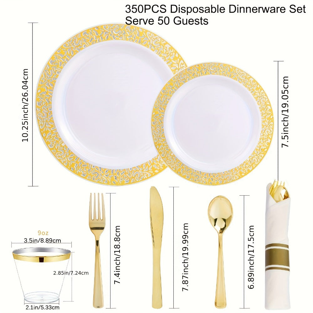 Gold Disposable Dinnerware Set for 50 Guests 350pcs ¨C Includes Dinner Plates, Dessert Plates, 9oz Cups with Gold Rim, Pre-Rolled Napkins & Gold Cutlery | Perfect for Wedding, Party & Holiday Celebration