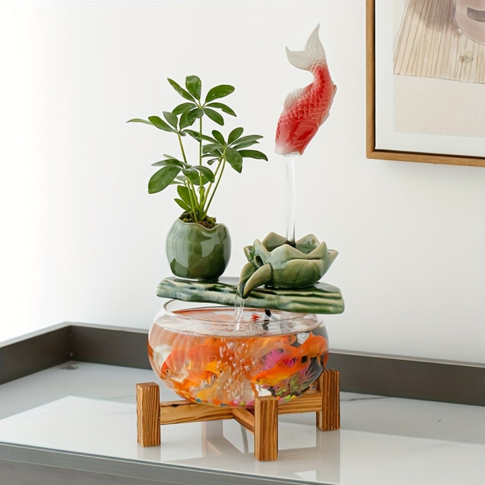 USB Desktop Fish Waterfall Fountain with Glass Bowl ¨C Relaxing Indoor Water Feature Tabletop Decor Zen Fountain Gift