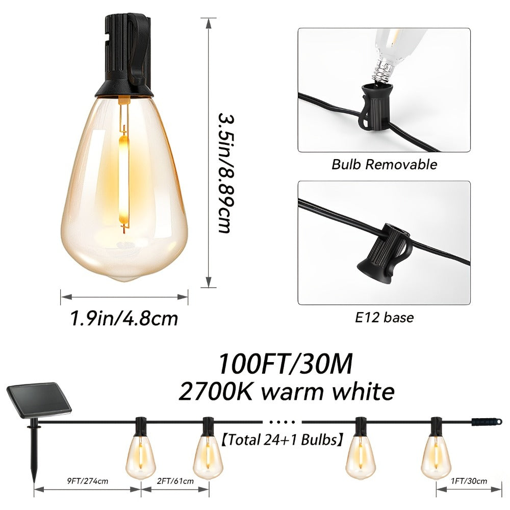 Solar String Lights Outdoor 50/100FT, 2700K Warm White Waterproof Patio String Lights, Breakproof ST38 E12 Bulbs for Backyard Porch Garden Pergola