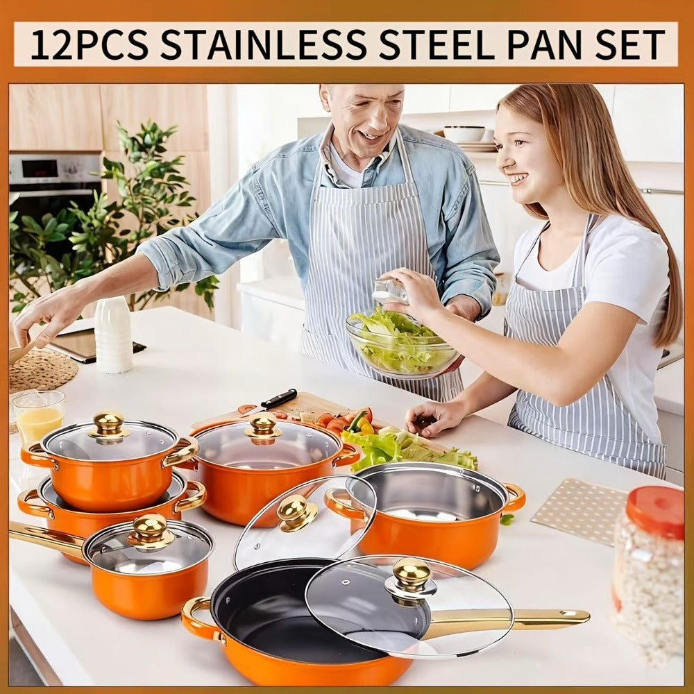 Stainless Steel Non-Stick Cookware Set 10/12pcs, 316 Grade Steel Frying Pan, Stockpot & Milk Pot with Lid, Multi-Functional Kitchen Cooking Set in Gold, Pink & Orange