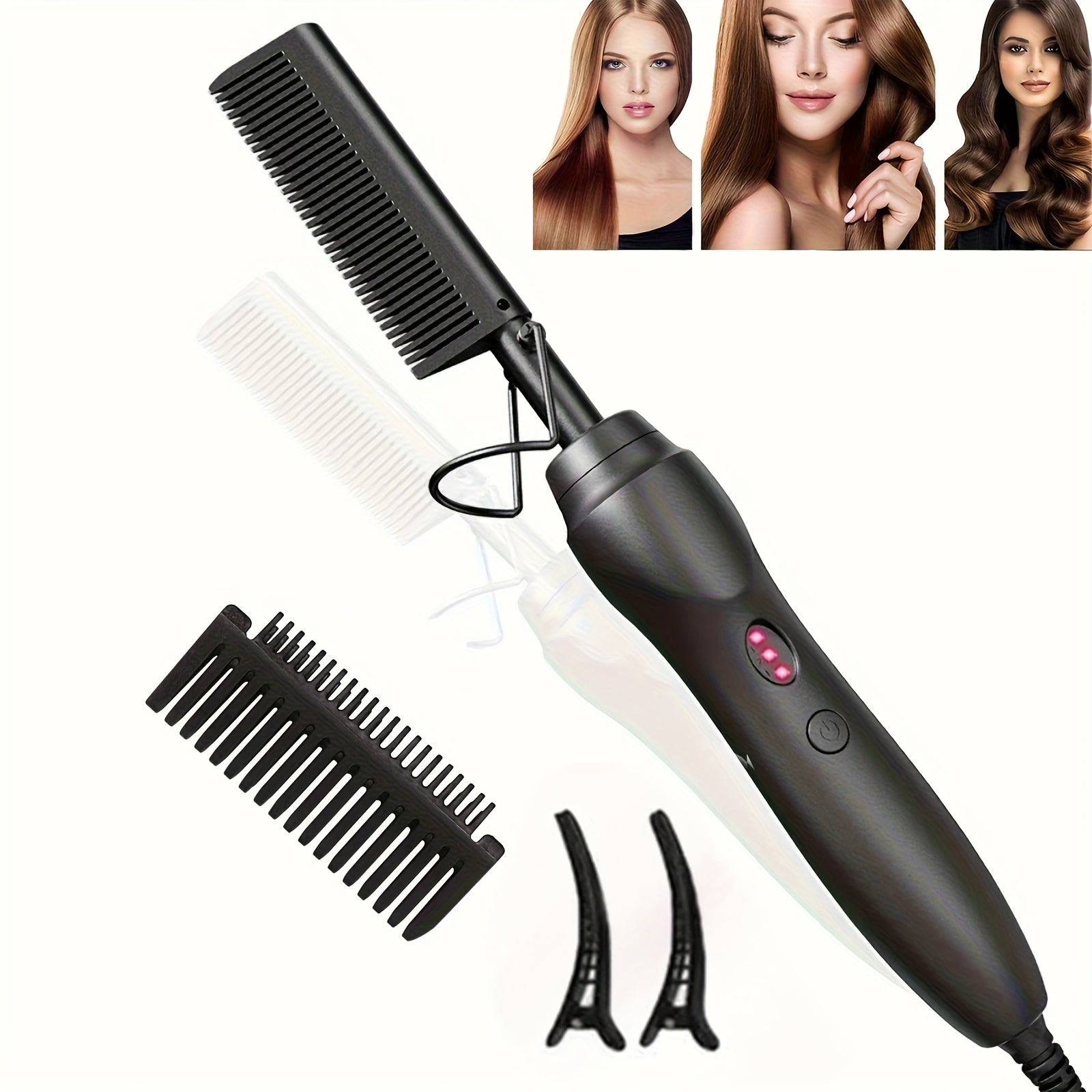 Electric Hot Comb Hair Straightener Ceramic Copper Heating Plate Portable Heat Press Comb for Curl Straight Style Beard Wig Wet Dry Hair Styling Tool for Women Men