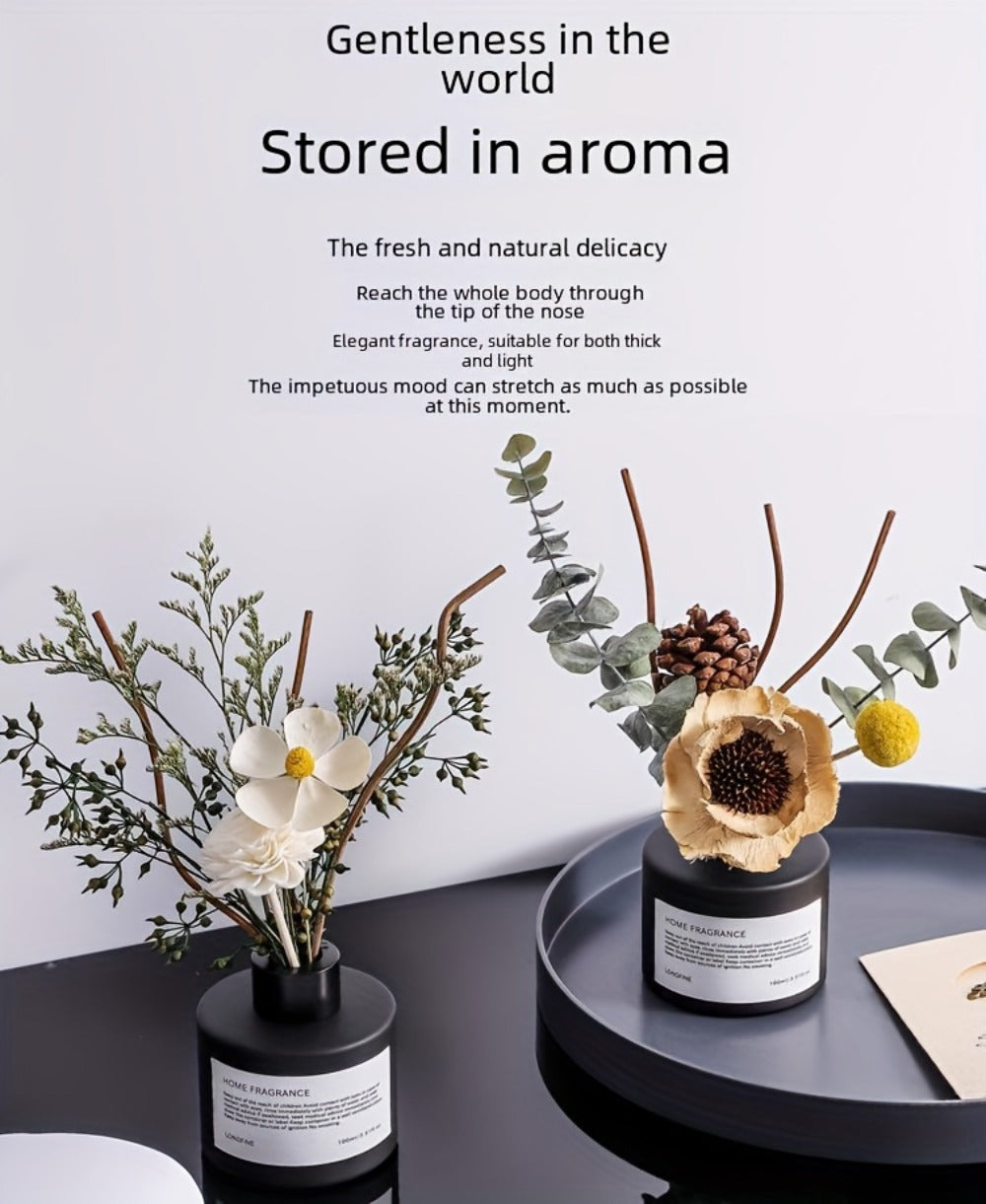 Reed Diffuser with Real Flowers & Essential Oil - Long-Lasting Home Fragrance Scent Sticks for Bedroom Bathroom Living Room, Jasmine Gardenia Sandalwood Citrus